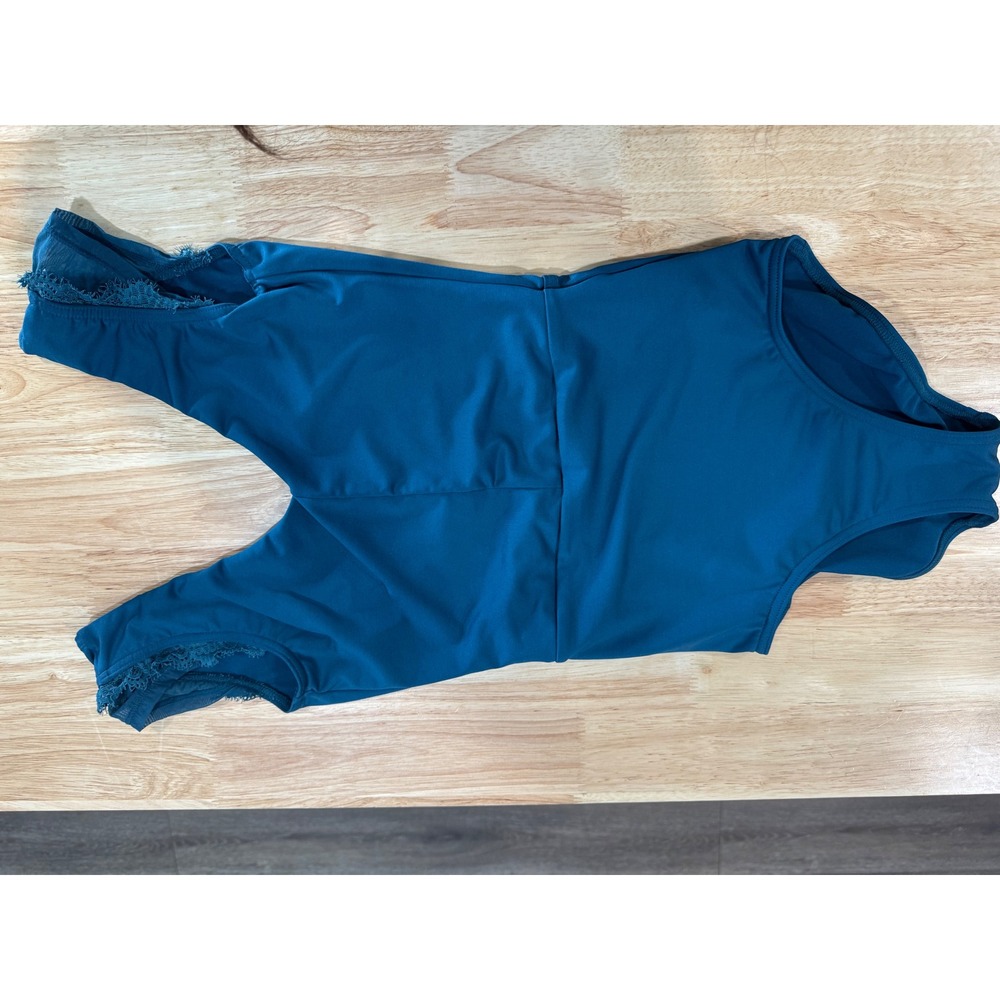 Capezio Womens XS Teal Blue Lace Trim Mesh Open Back Dance Ballet Leotard C24